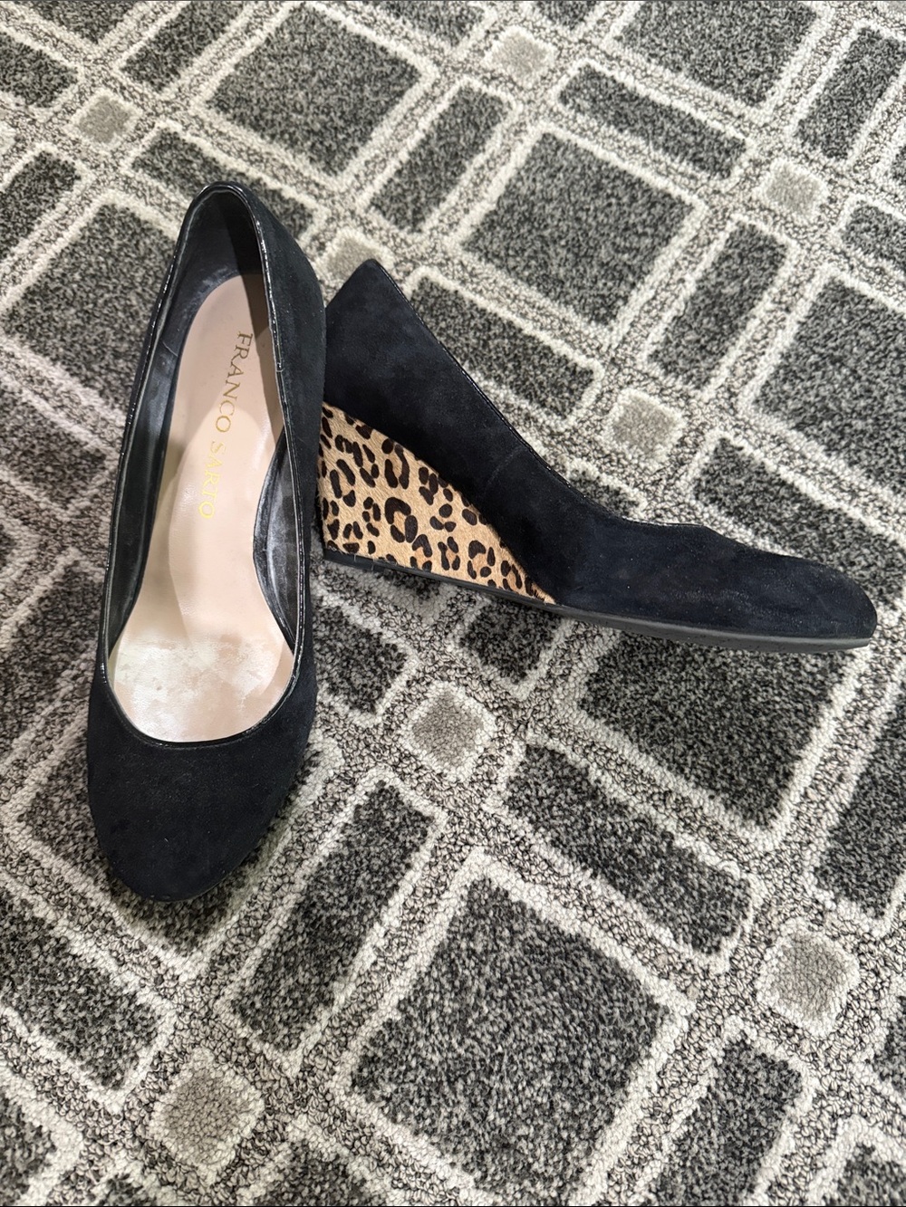 Franco Sarto Black Suede Wedges with Leopard-Print Heel size 6.5